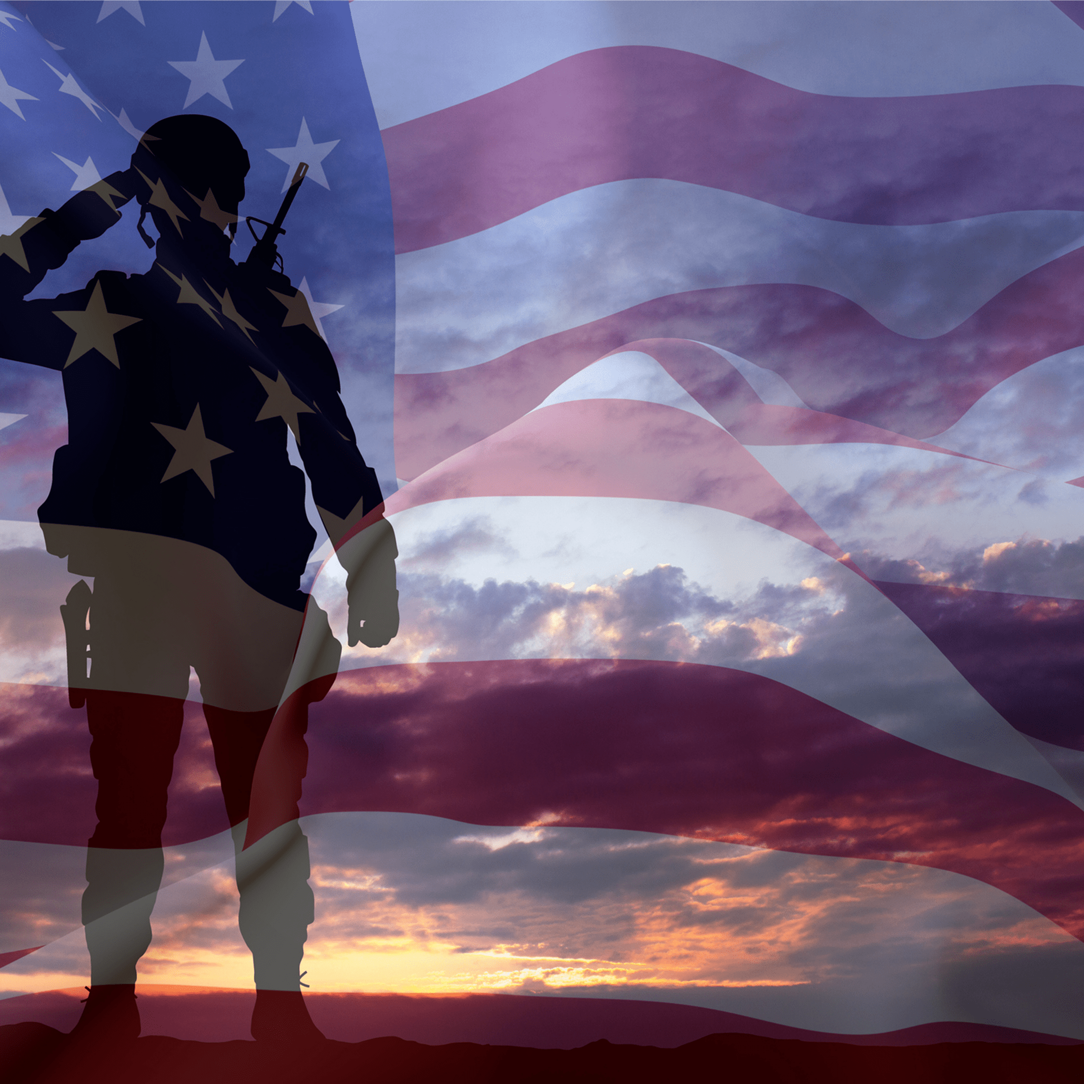 Soldier saluting with American flag overlay.