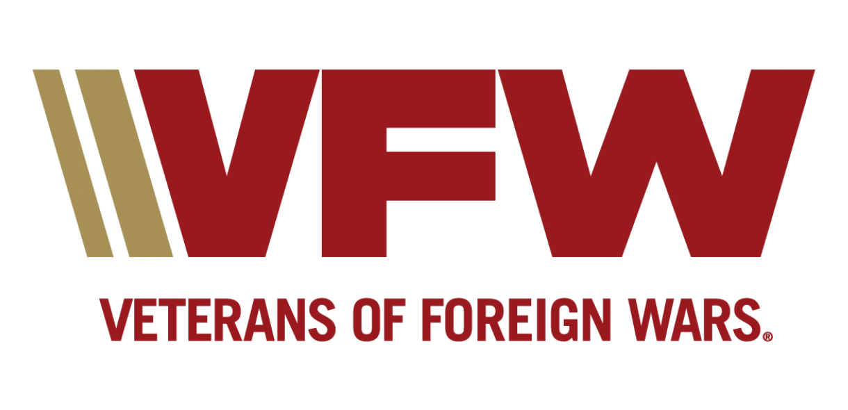 Logo of Veterans of Foreign Wars in maroon text on white background.